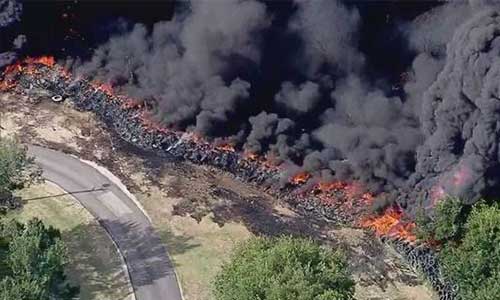 Derelict tire recycling facility in United States catches hazardous fire